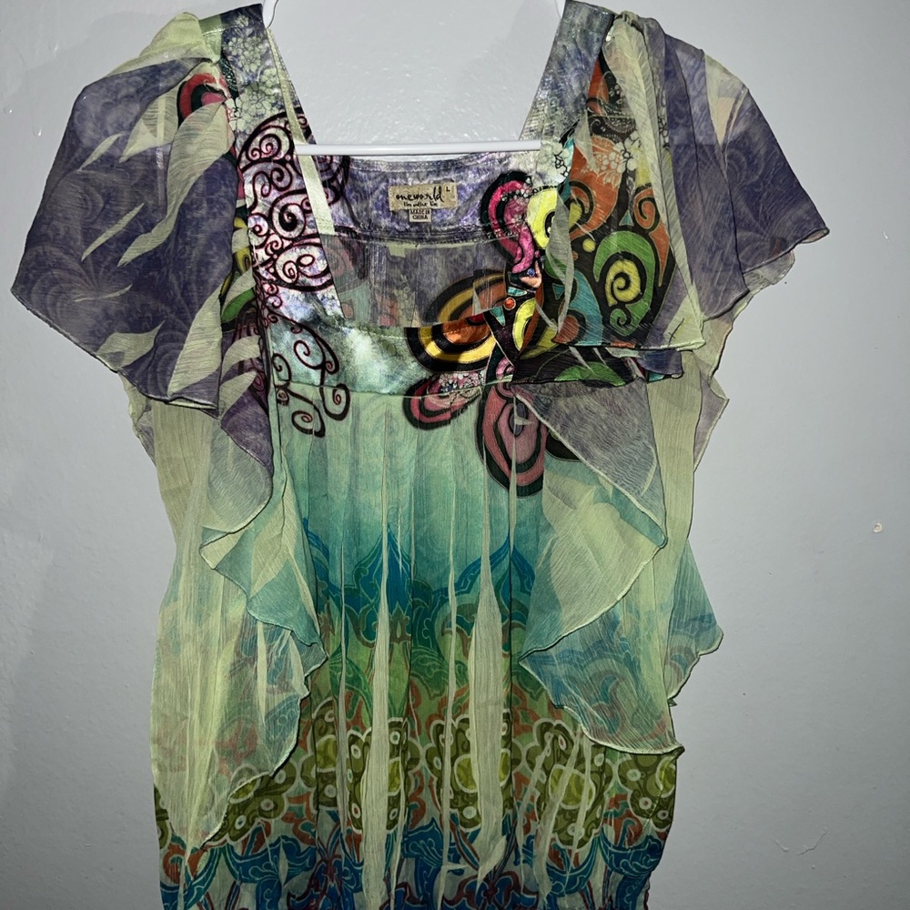 ONE WORLD Multi-Color Sheer Ruffle Boho Blouse